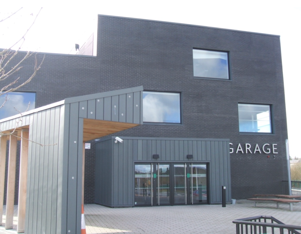 The Garage Theatre, Monaghan — dark brick and metal cladding facade
