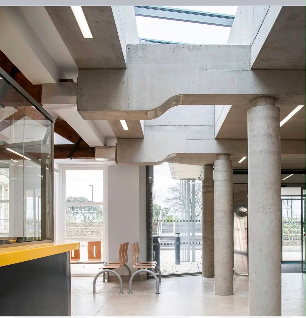 Concrete interior with skylights and columns