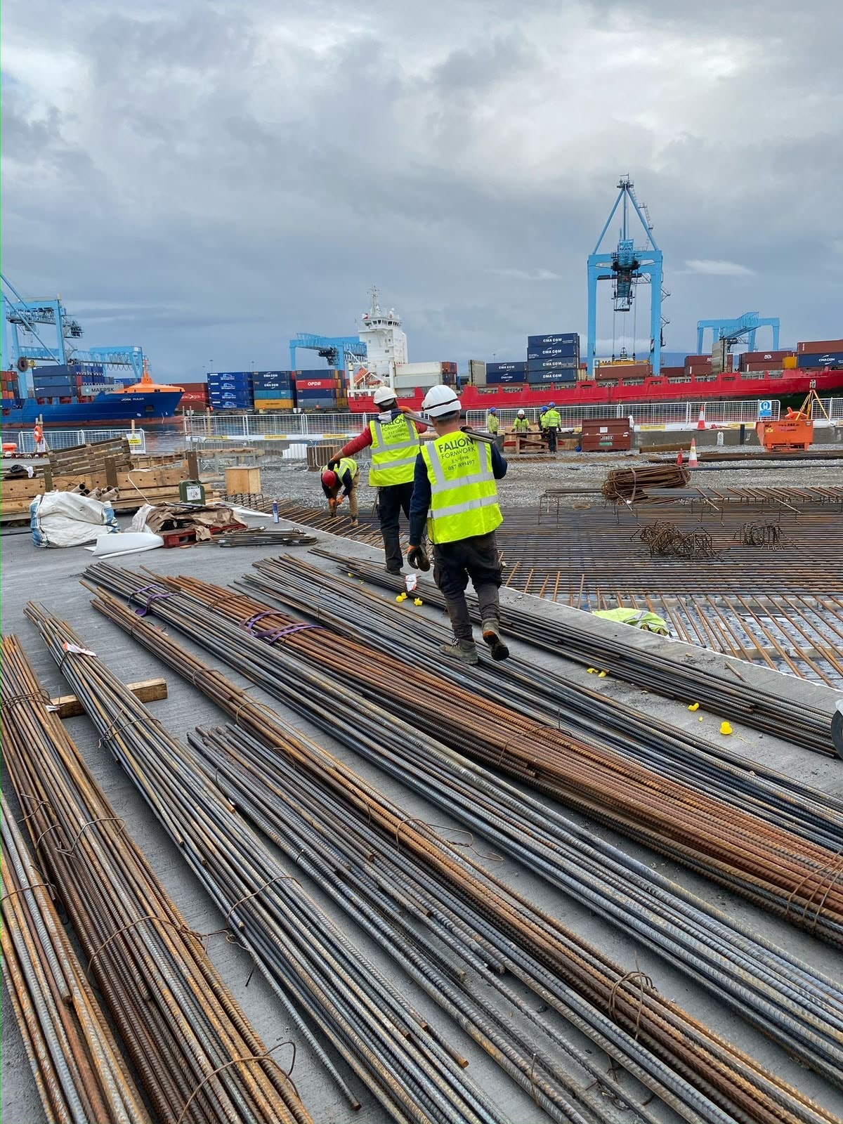 Fallon Formwork team with steel rebar bundles at Dublin Port construction site